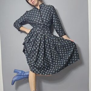 Vintage 50s Cos Cob Black Blue Floral Belted Shirtwaist Dress S M